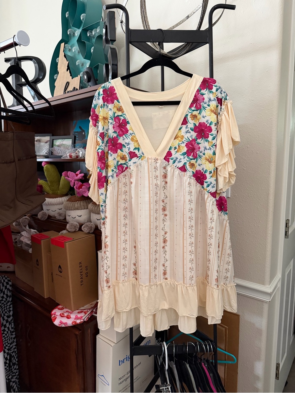 Cream Floral V-Neck Boho Tunic